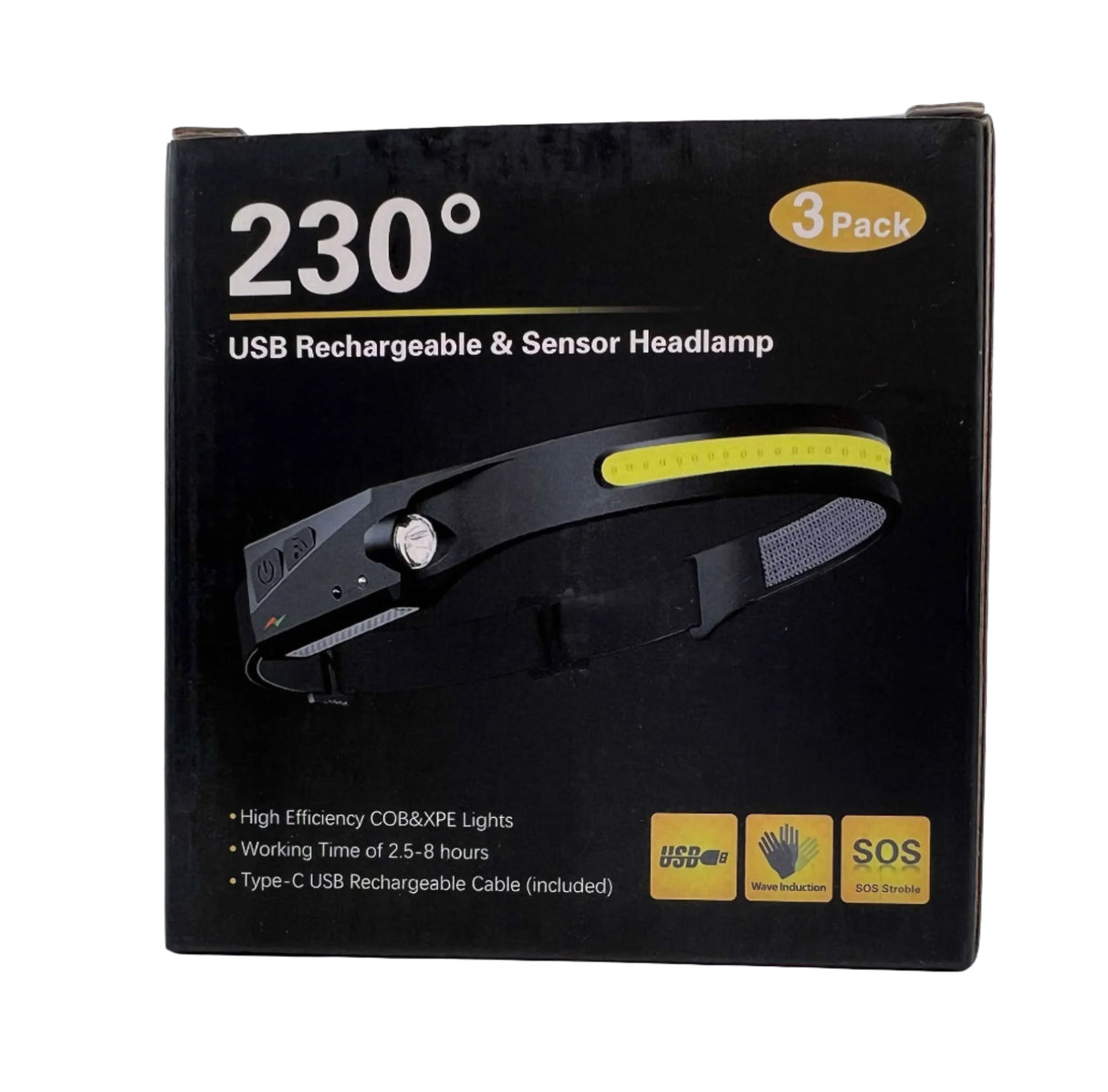 230° USB Rechargeable & Sensor Headlamp 3-Pack