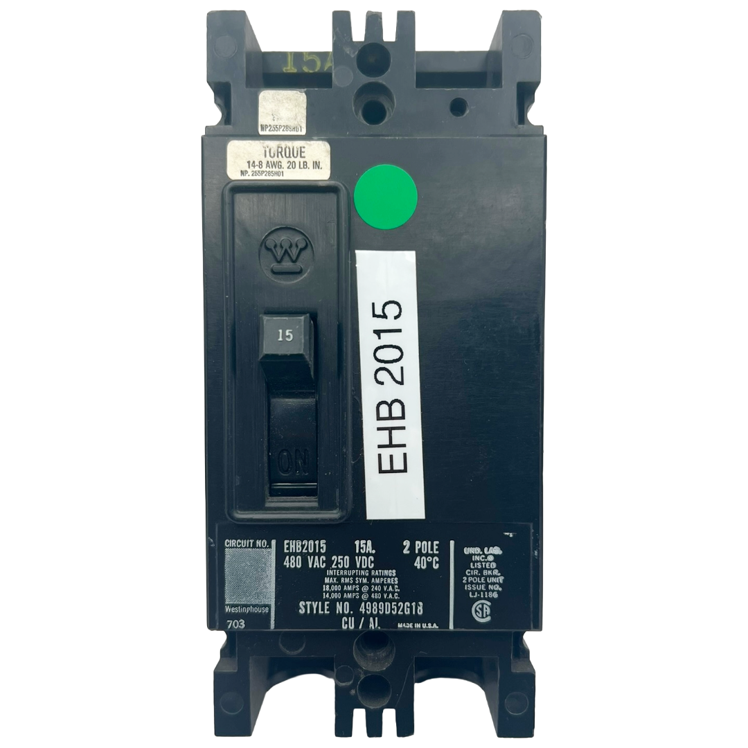 Electrical circuit breaker with labels and certification marks on a white background