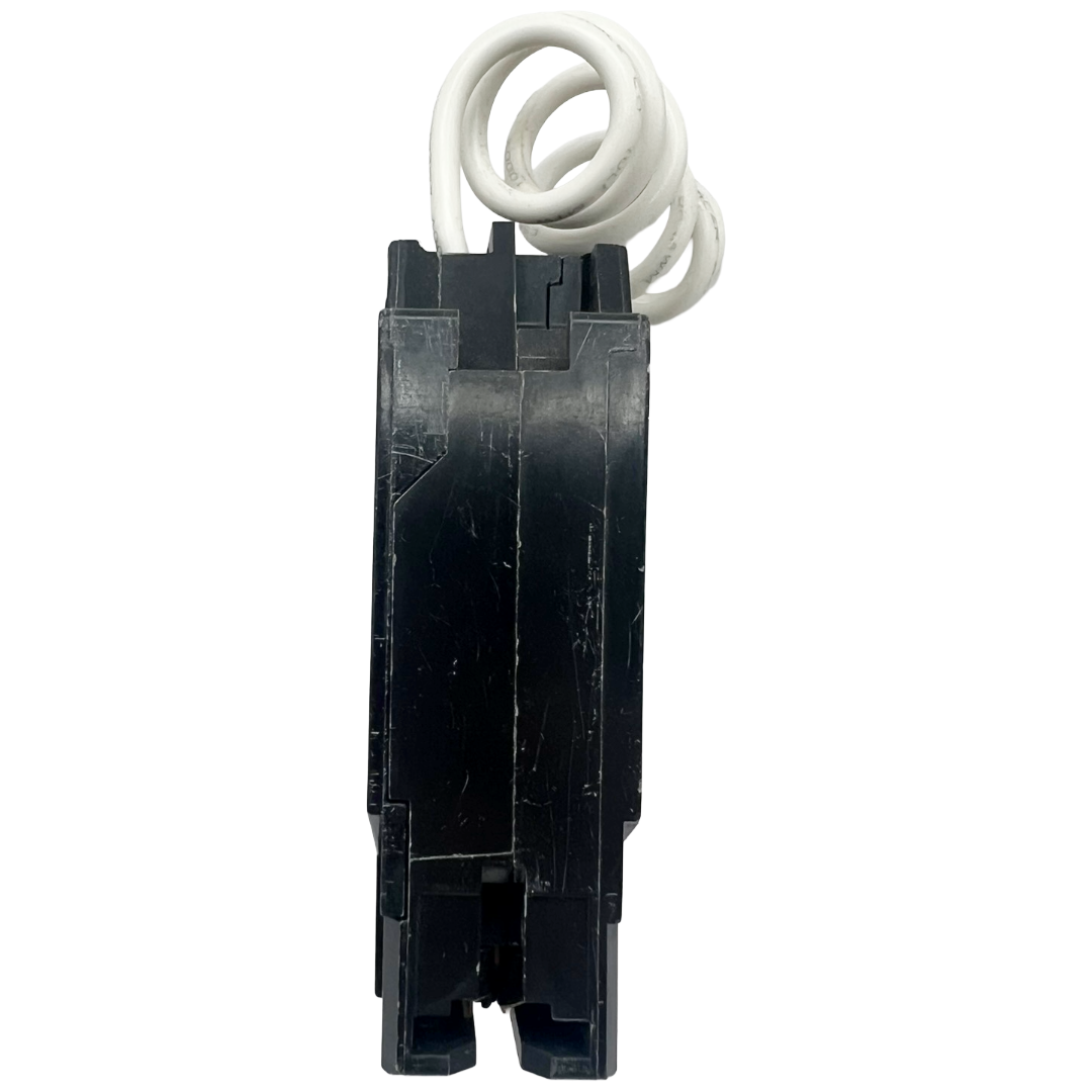 Black electrical breaker with white wires on a white background