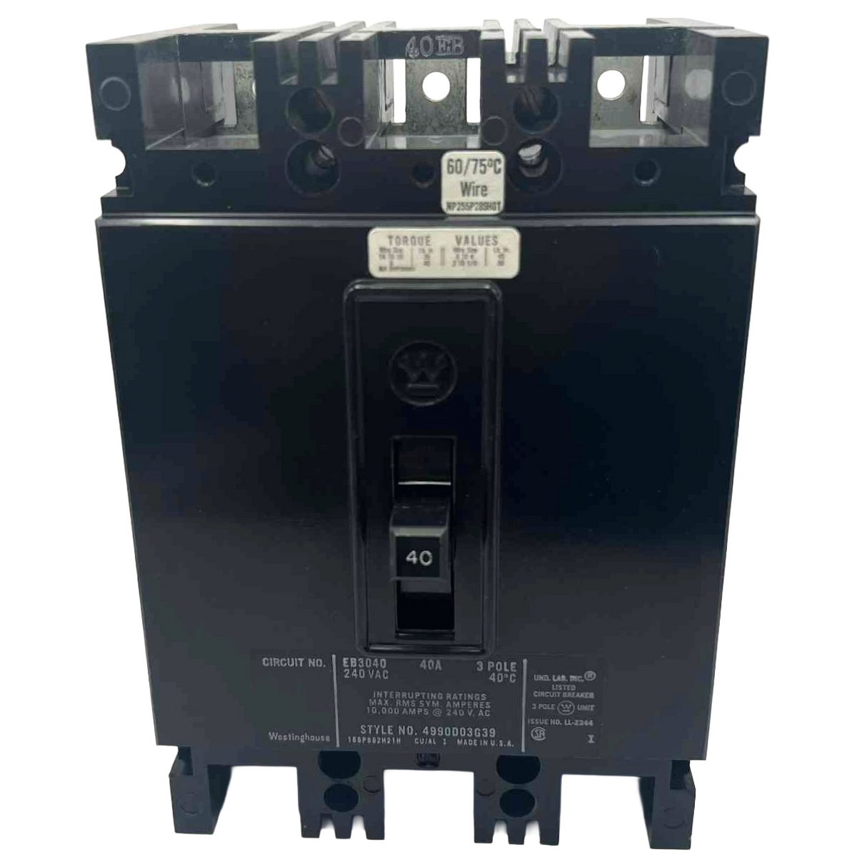 Eaton EB 40 Amp, 3 Pole Bolt-On Circuit Breaker
