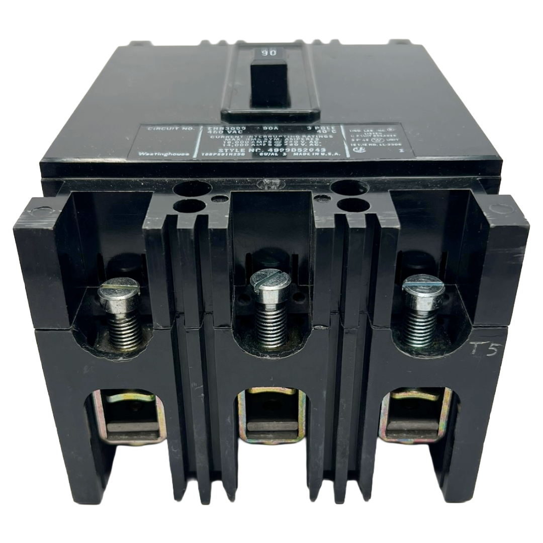 Black electrical circuit breaker with visible brand name on a white background