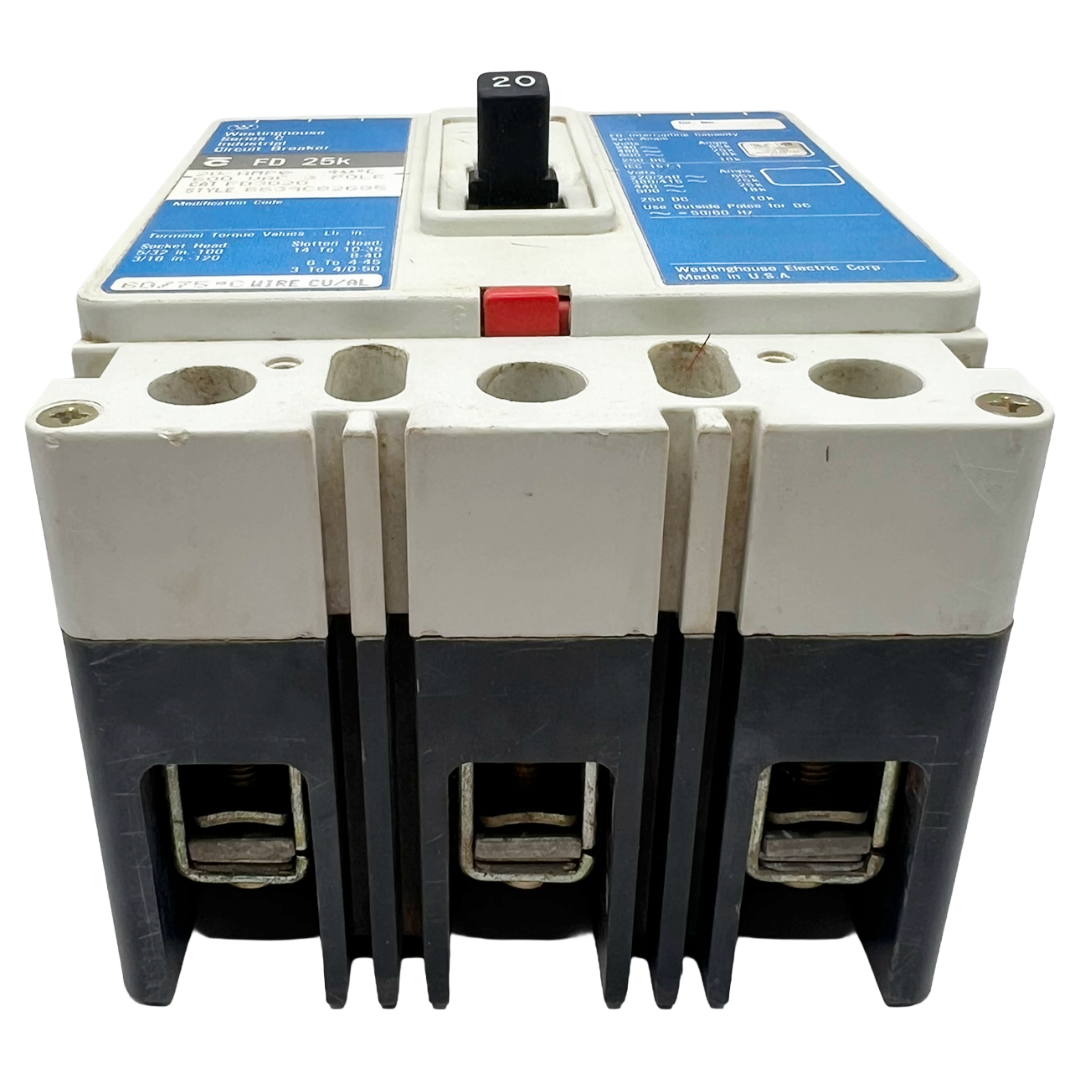 Electrical circuit breaker with blue label on a white background