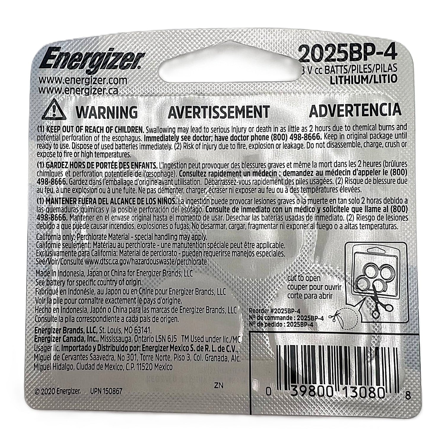 Energizer 2025 3V Battery Child Secure 4 Pack