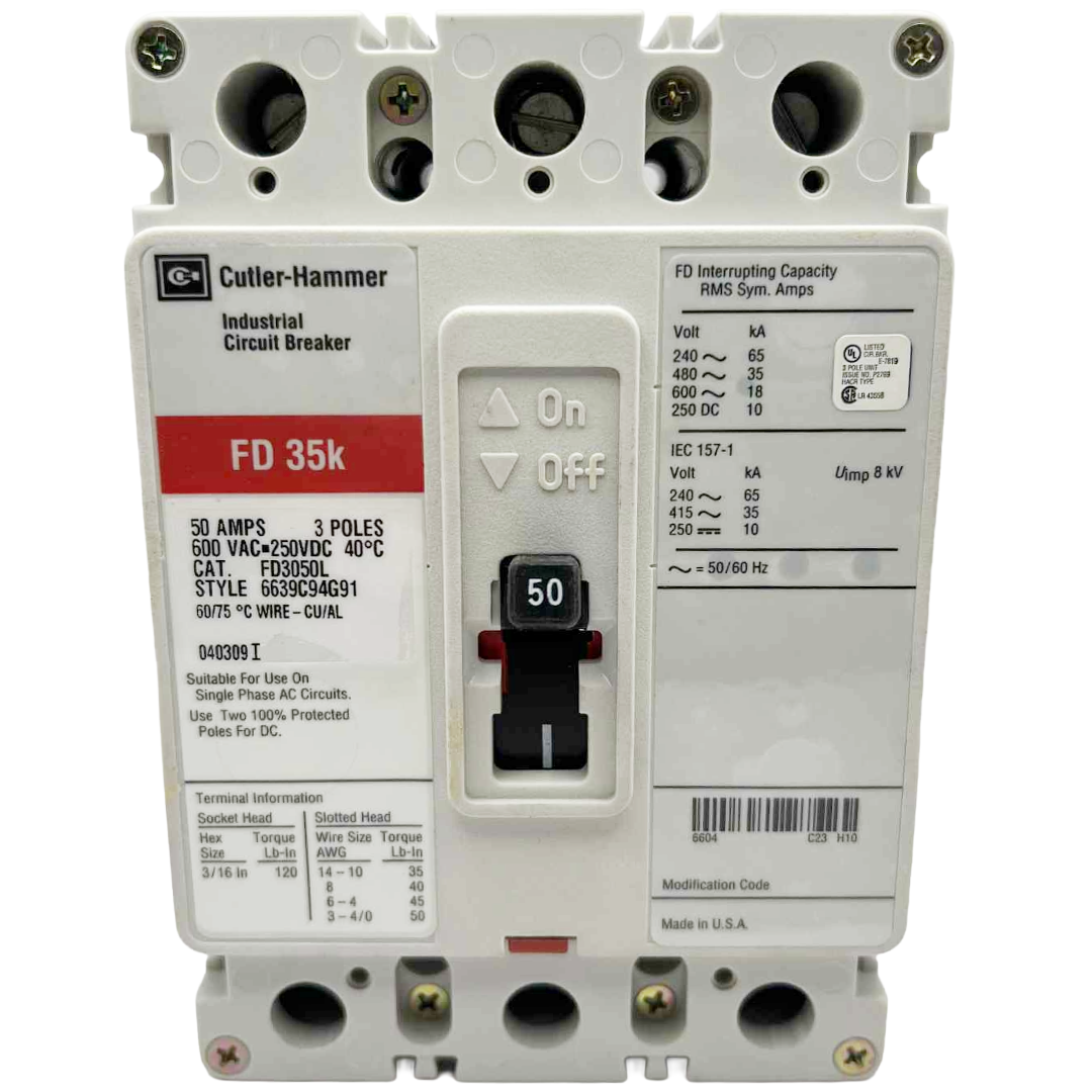 Cutler-Hammer industrial circuit breaker with label and specifications on a white background