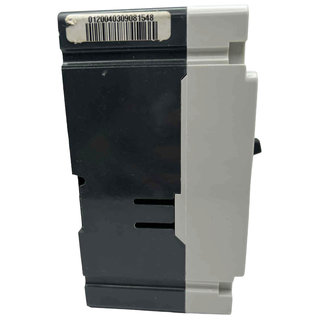 Black and gray electronic component with a barcode label on a white background