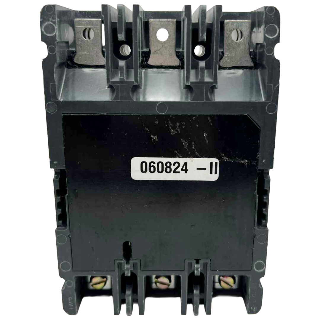 Black electrical circuit breaker with visible model number on a white background