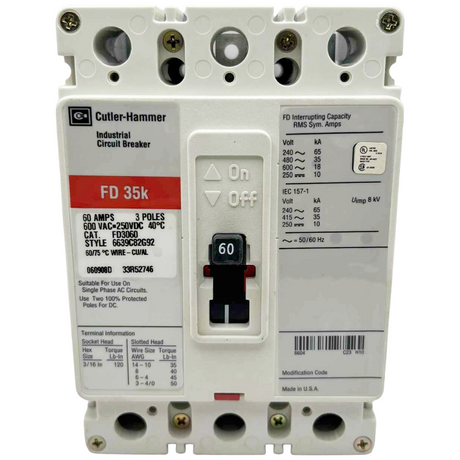 Cutler-Hammer industrial circuit breaker with specifications on a white background