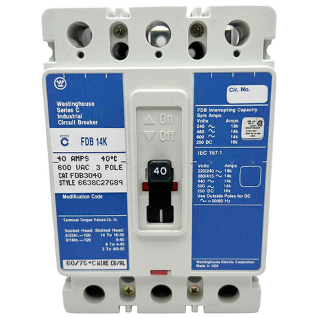 Westinghouse circuit breaker with blue and white label on a white background