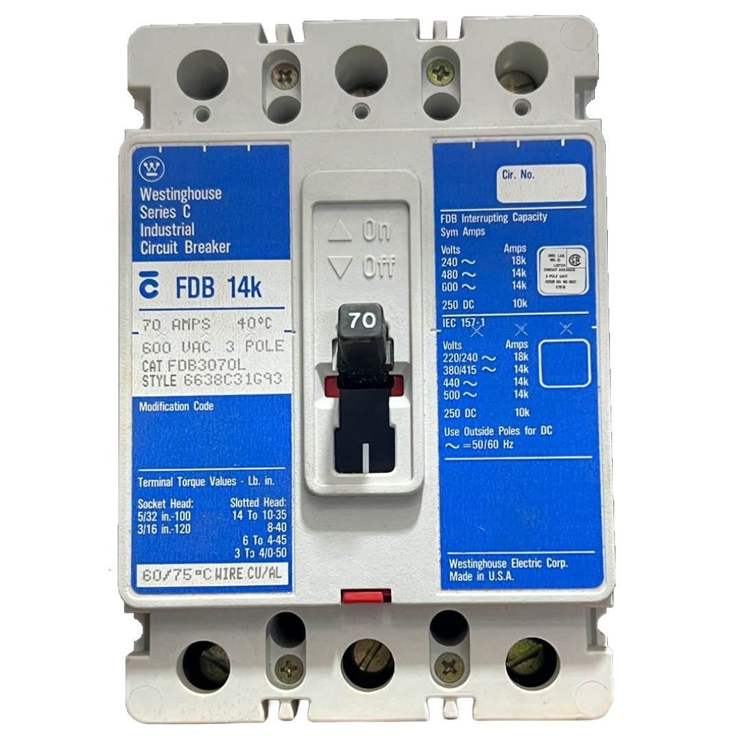 Westinghouse circuit breaker with blue label on a white background