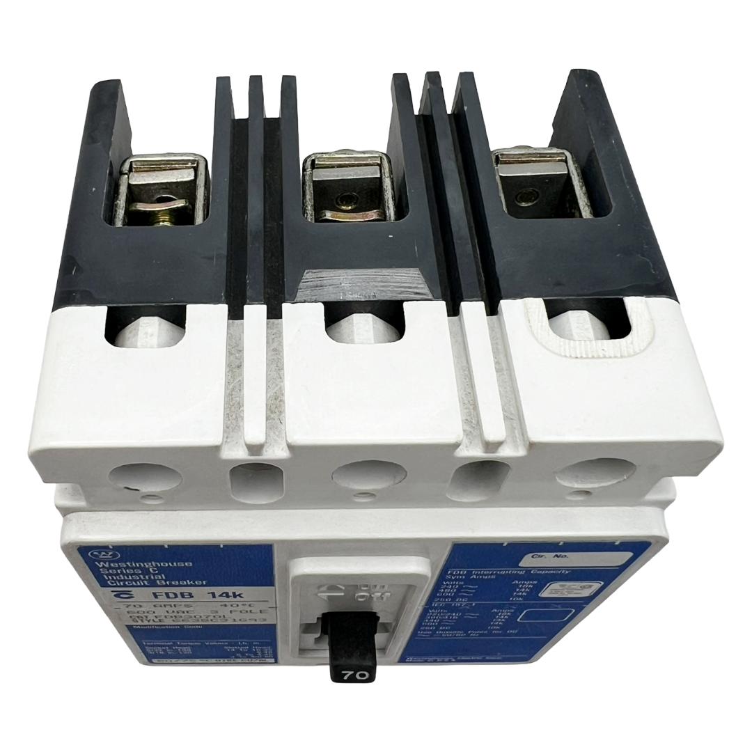 Electrical breaker with blue label on a white background