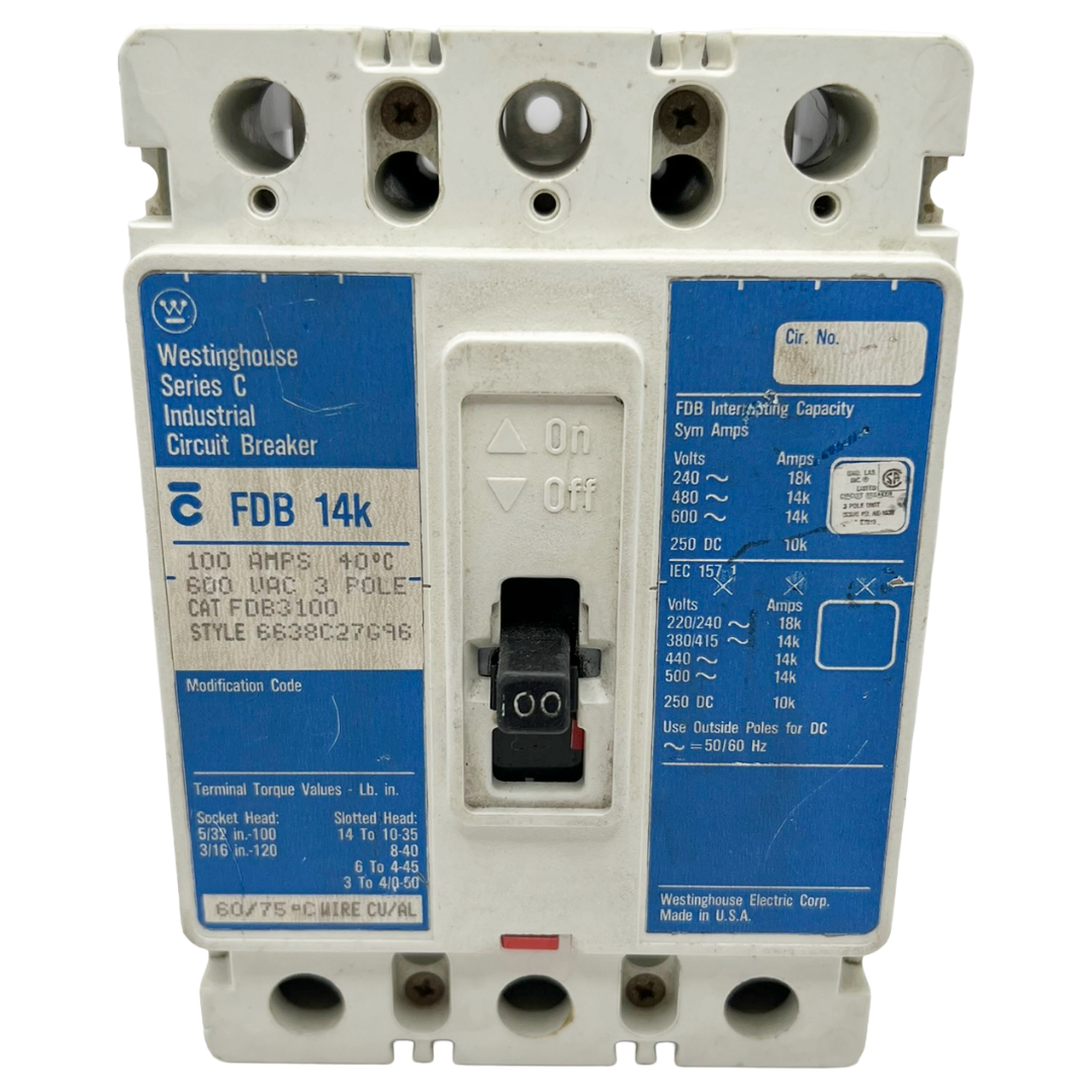 Westinghouse industrial circuit breaker with blue and white label on a white background