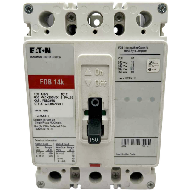 Eaton industrial circuit breaker with specifications on a white background