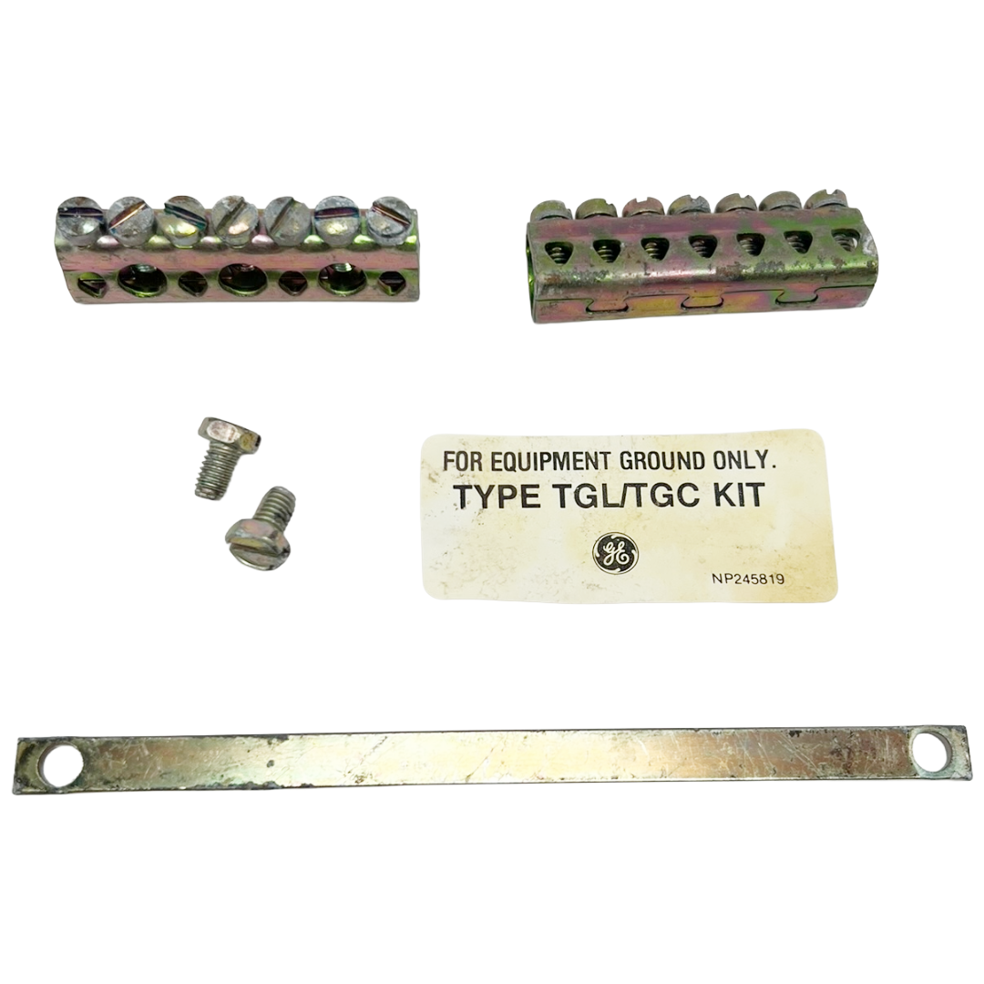 Electrical ground kit with two metal brackets and a label on a white background
