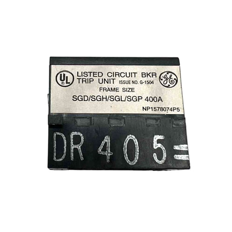 Circuit breaker trip unit with UL and GE branding on a white background