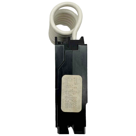 Black electrical circuit breaker with white coiled cord on a white background