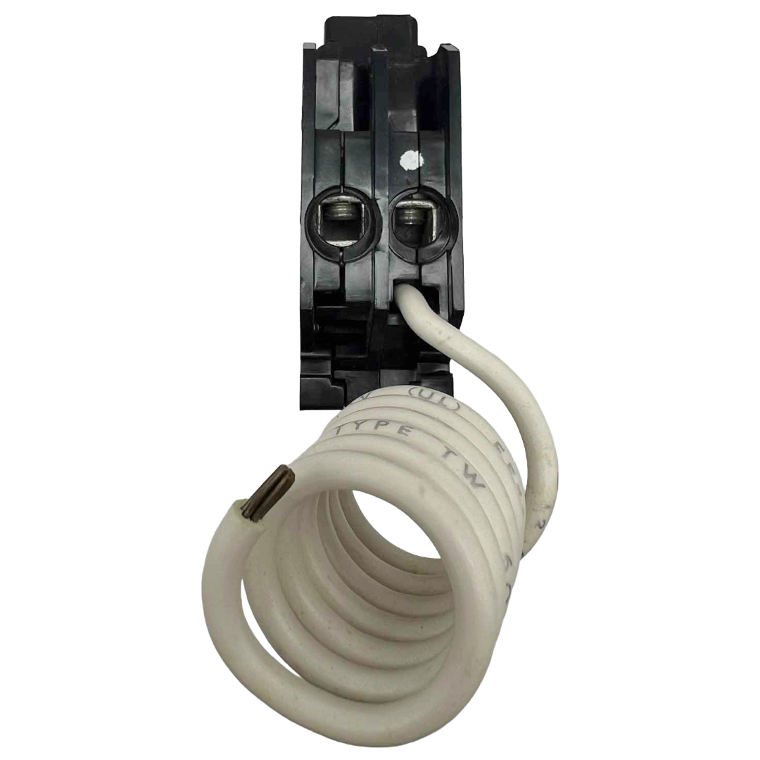 Black electrical circuit breaker with white coiled cord on a white background