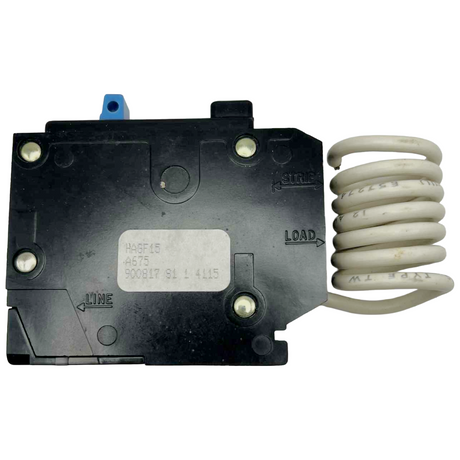 Black electrical circuit breaker with white coiled cord on a white background