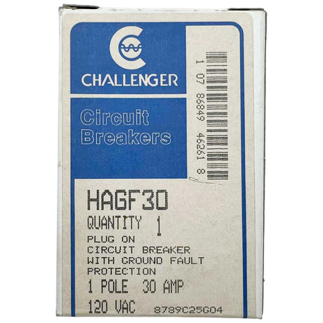 Box of Challenger circuit breaker with specifications on a white background