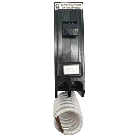 Electrical circuit breaker with coiled white cable on a white background