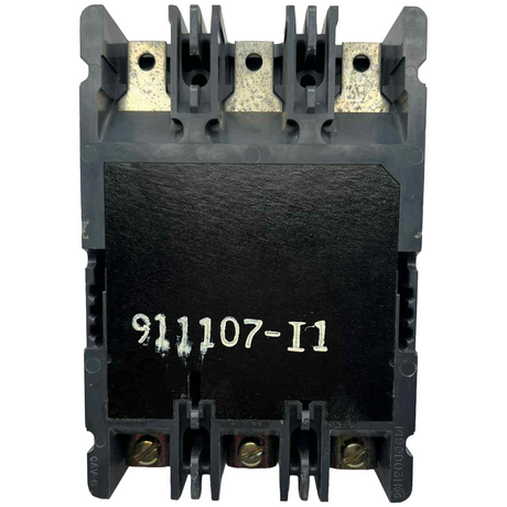 Black electrical component with terminals and a serial number on a white background