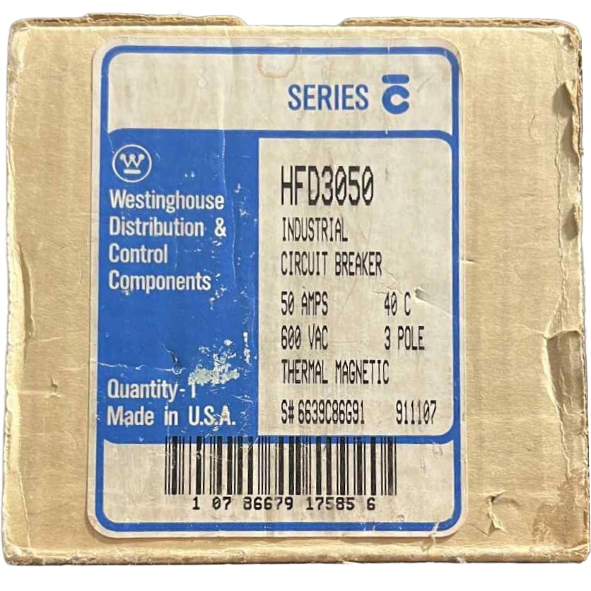 Westinghouse industrial circuit breaker packaging with blue label