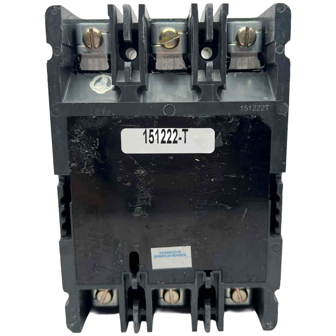 Black electrical circuit breaker with visible model number on a white background