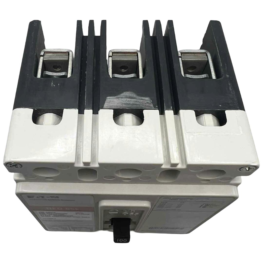 Electrical component with metallic and black design on a white background