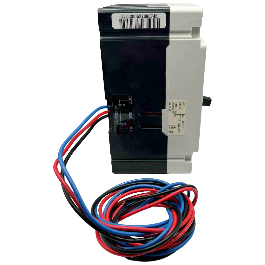 Electrical circuit breaker with red and blue wires on a white background