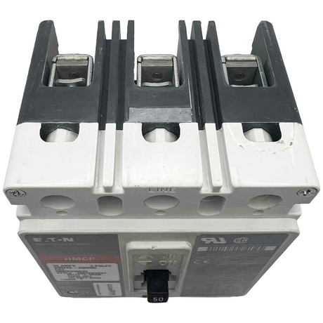 Electrical breaker with metallic and plastic components on a white background