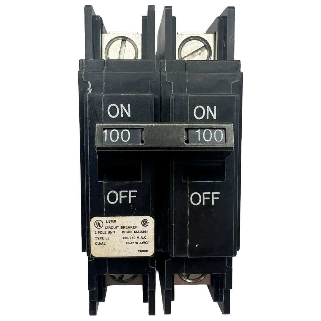 Black double-pole circuit breaker with GE logo on a white background