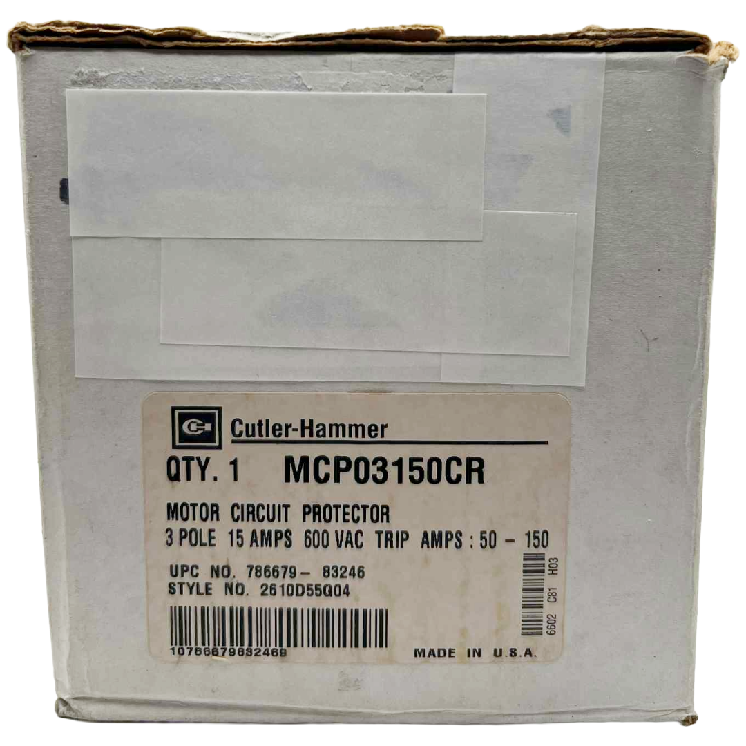 Cardboard box with a Cutler-Hammer motor circuit protector label on a white background