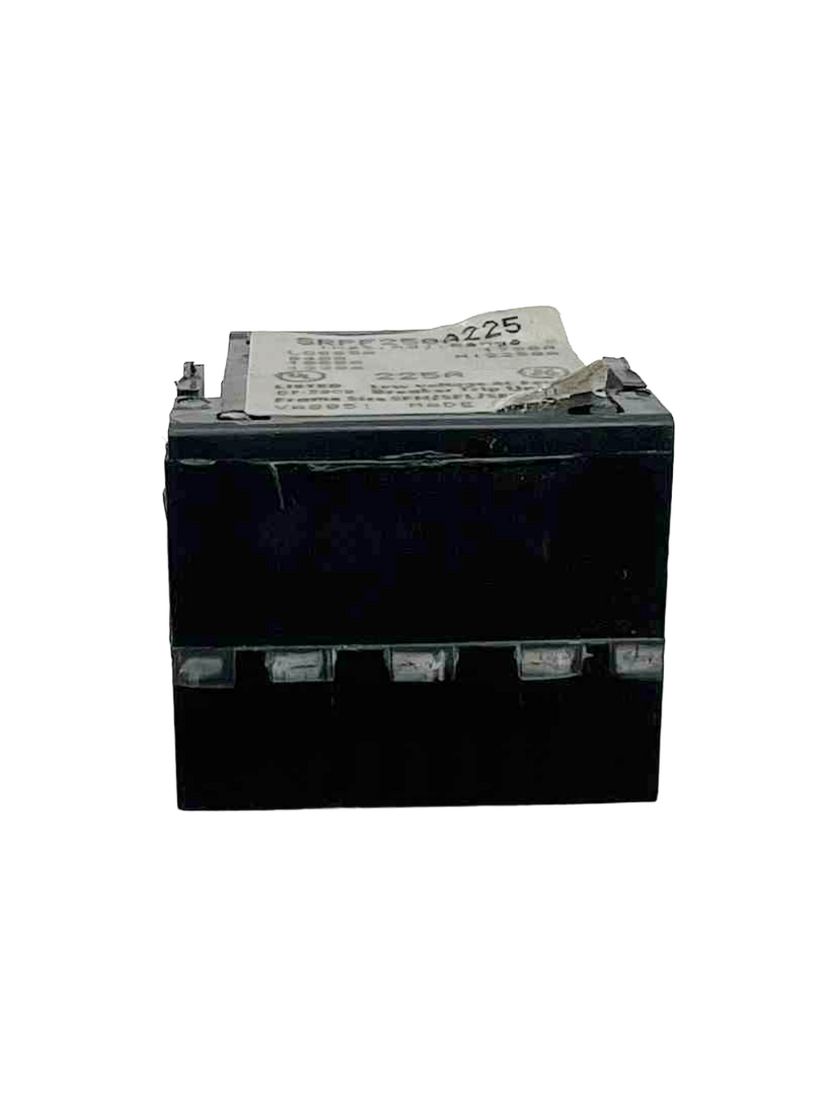 Black electronic component with a label on a white background