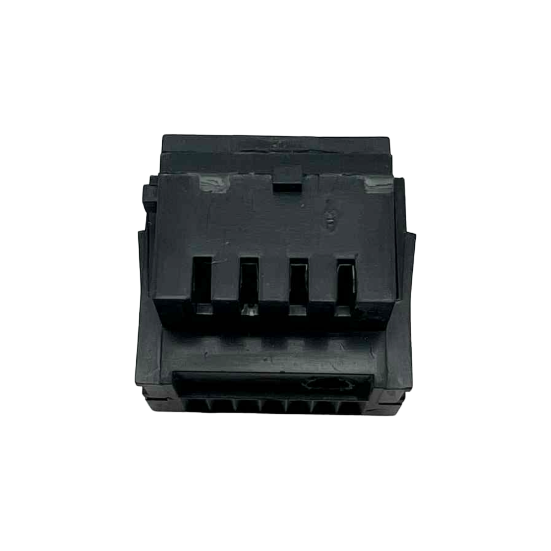 Black rectangular electronic connector on a white background