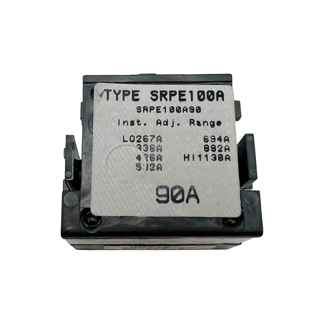 Electrical component with label 'TYPE SRPE100A' on a white background