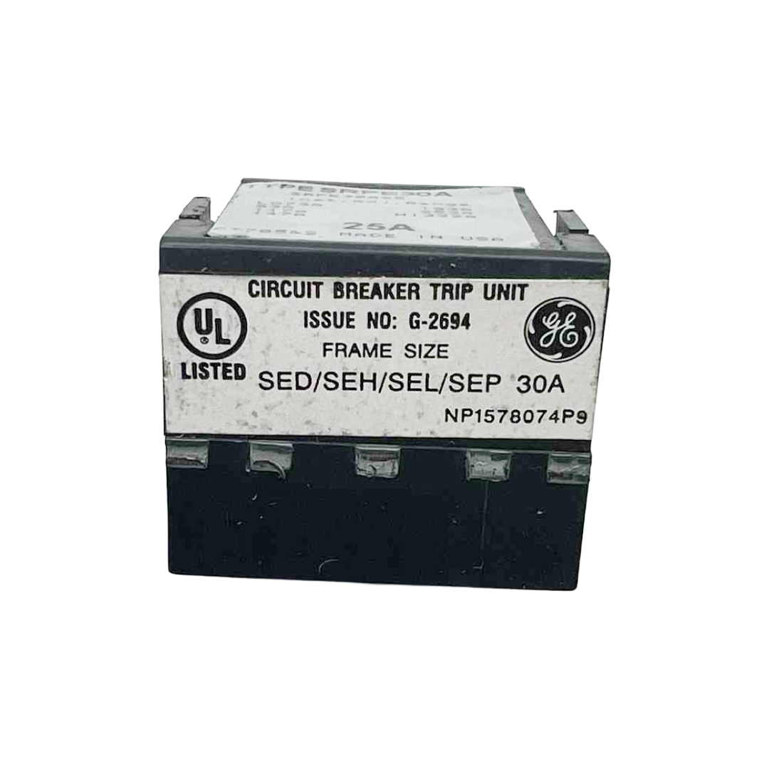 Circuit breaker trip unit with GE logo and UL listing on a white background