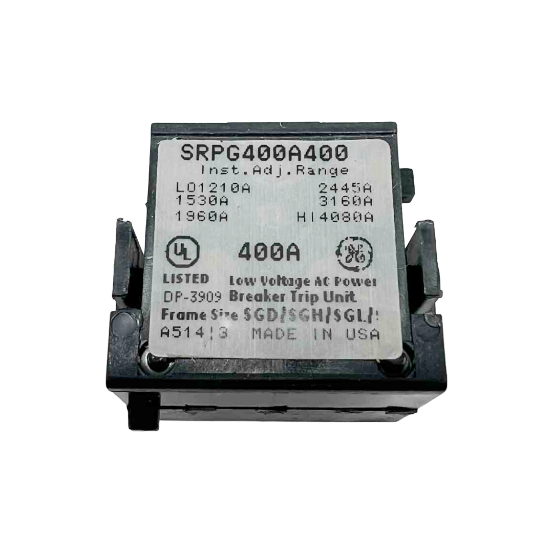 Electrical breaker with model number SRPG400A400 on a white background