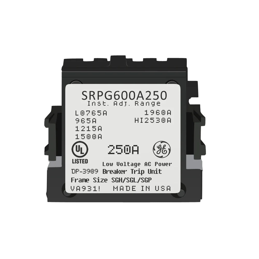 Electrical breaker trip unit with model number SRPG600A250 on a white background