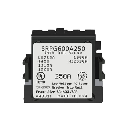 Electrical breaker trip unit with model number SRPG600A250 on a white background