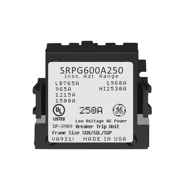 Electrical breaker trip unit with model number SRPG600A250 on a white background