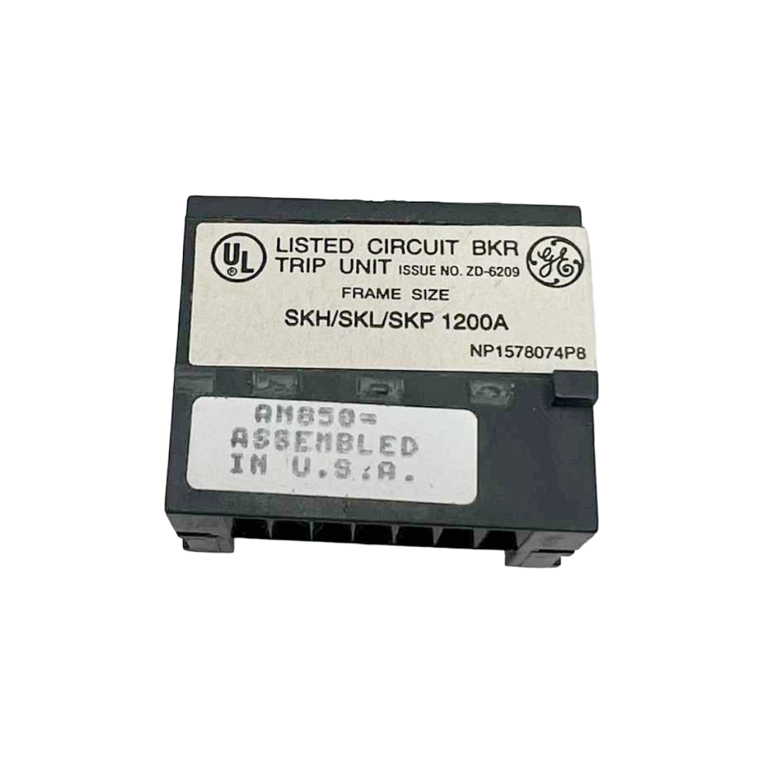 Circuit breaker trip unit with GE branding on a white background