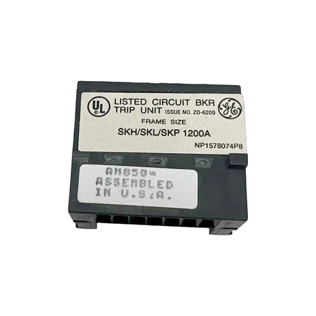 Circuit breaker trip unit with GE branding on a white background