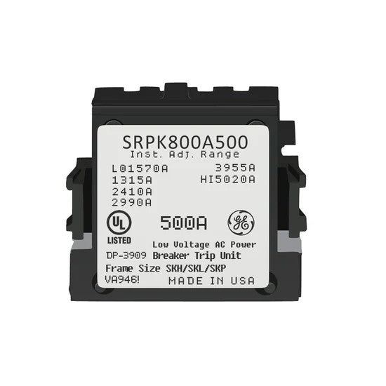 Electrical breaker trip unit with model number SRPK800A500 on a white background