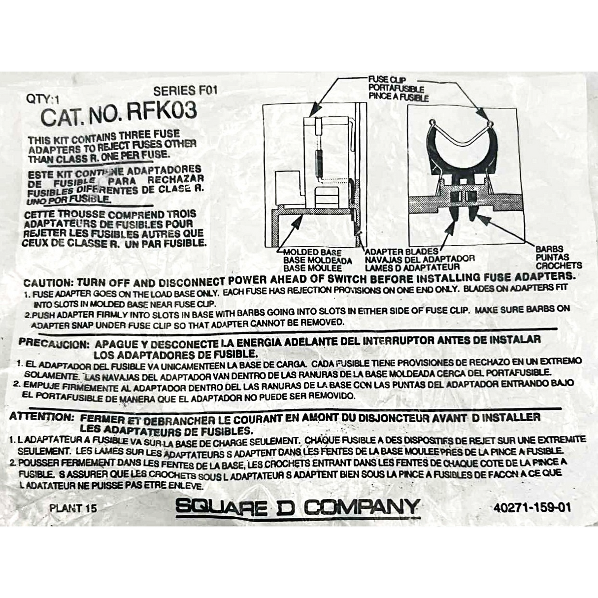 Schneider Electric RFK Type R, 30 Amp, 240V Fuse Rejection Kit