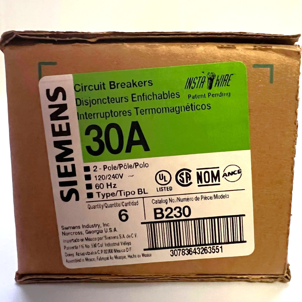 Siemens Type BL 30 Amp Bolt-On Circuit Breaker
