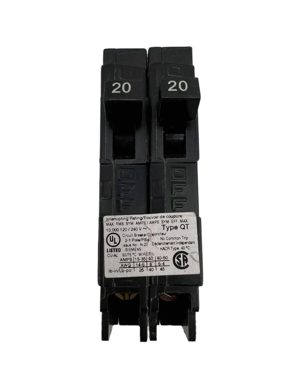Siemens Q 20 Amp NC Tandem Circuit Breaker