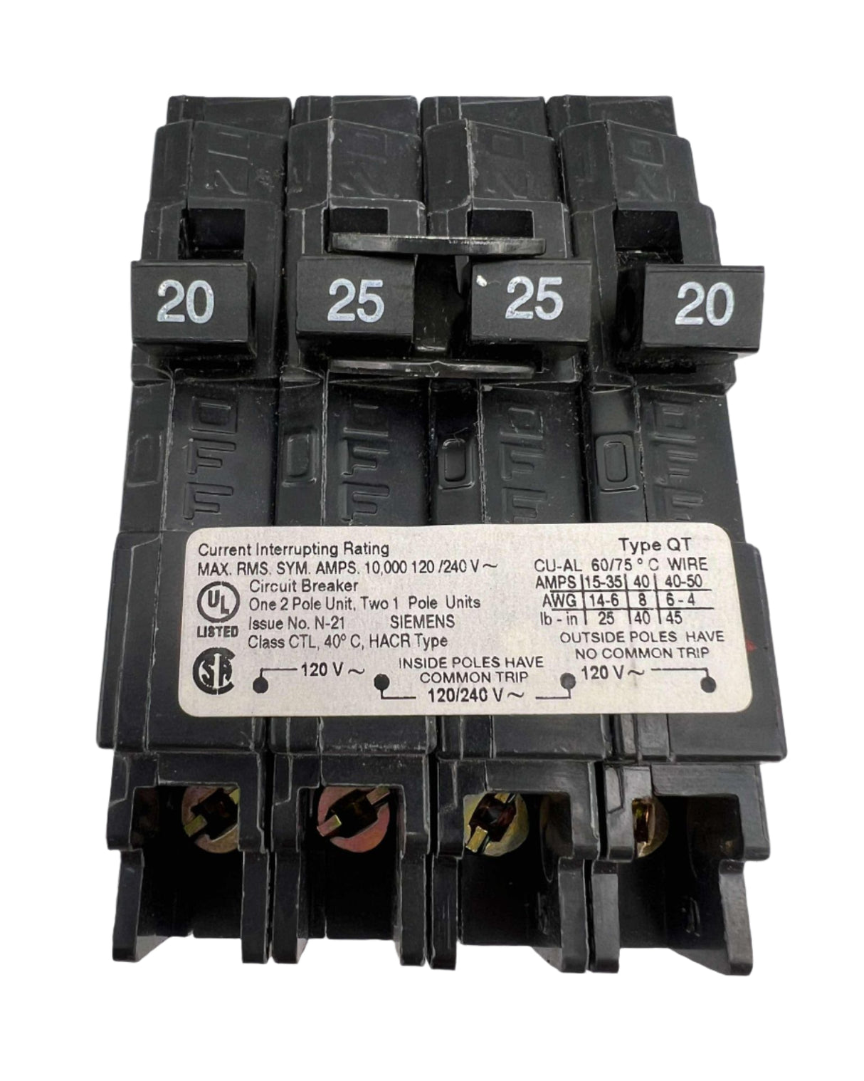 Siemens Q 20 and 25 Amp CT Triplex Circuit Breaker