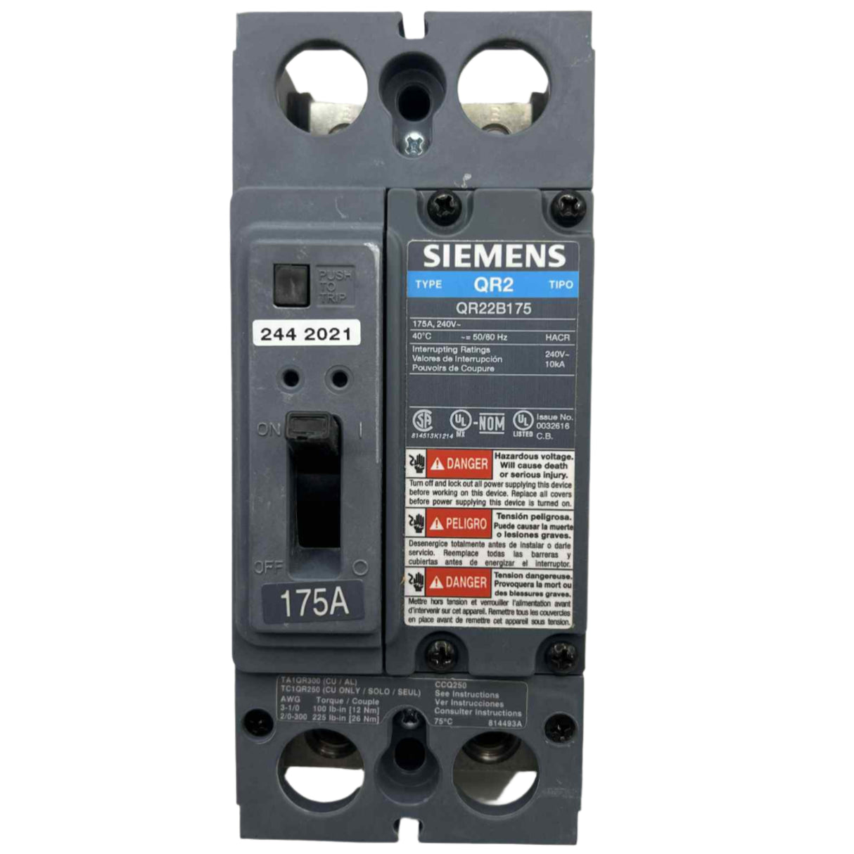 Siemens QR 175 Amp, Bolt-On Circuit Breaker