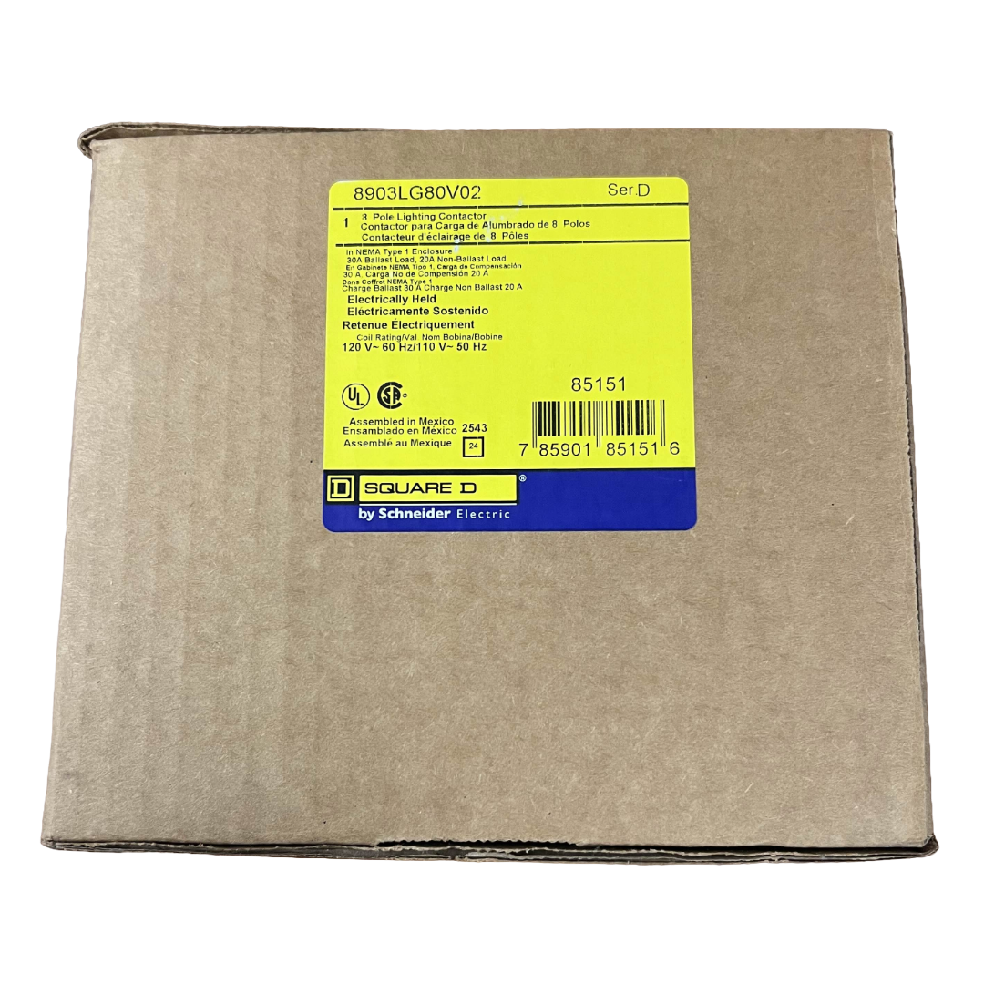 Cardboard box with a yellow label featuring Square D branding on a white background