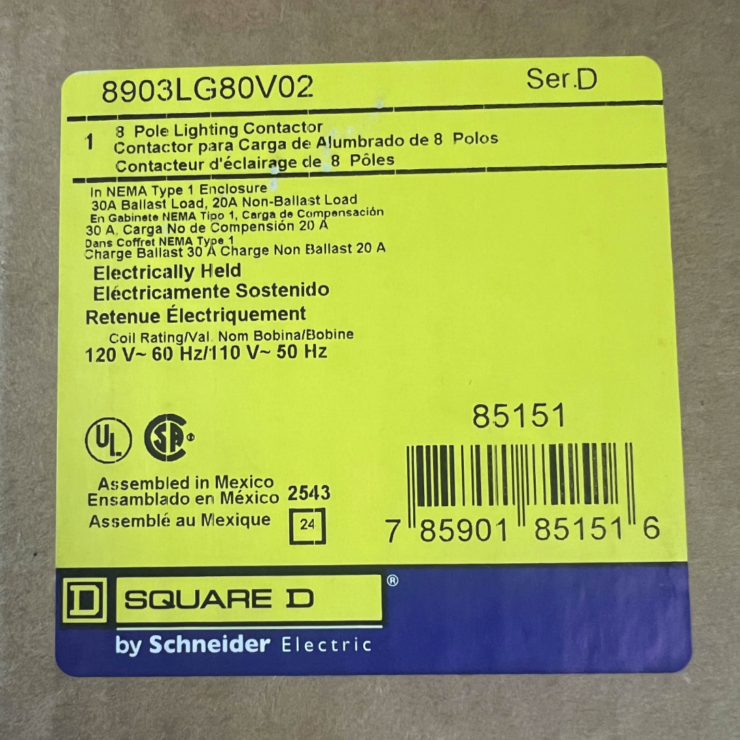 Yellow label with text and Square D logo on a gray background