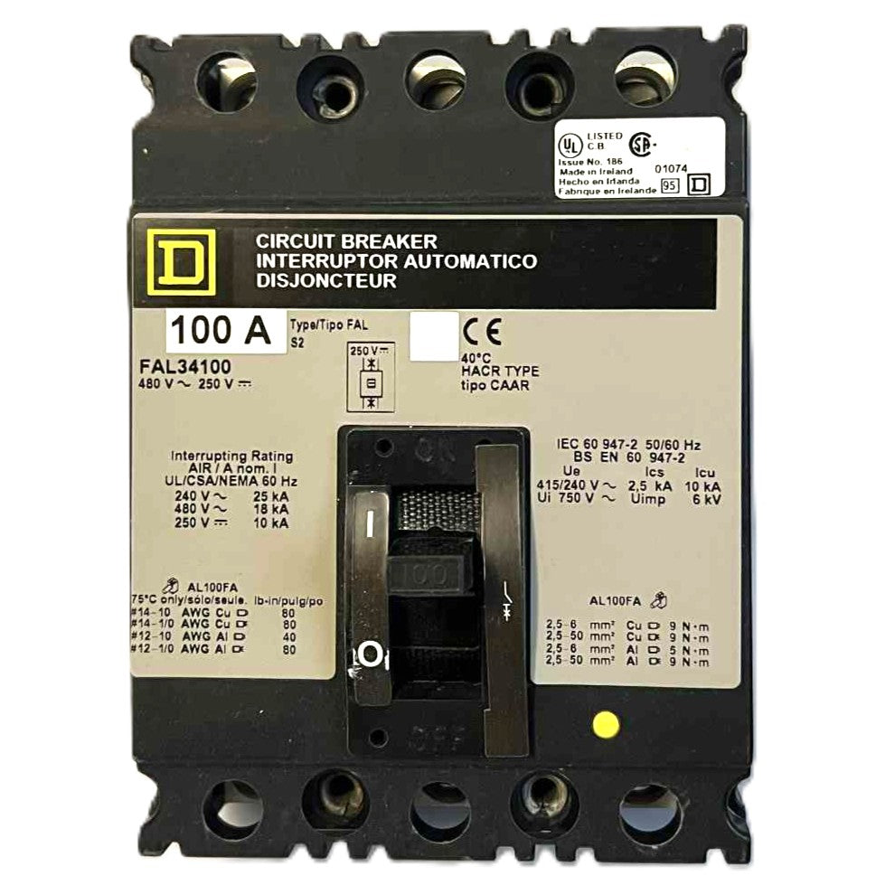 Square D FAL 3 Pole, 100 Amp, 480 Volt Circuit Breaker